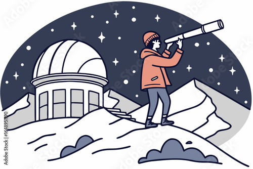 A scientist peers through a telescope atop a snow-capped Chilean observatory.