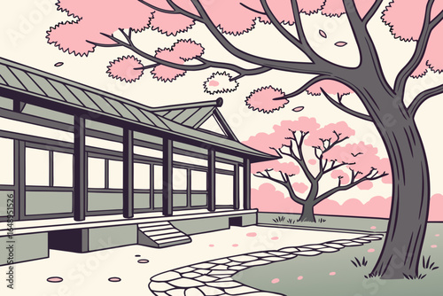 A serene monastery courtyard with cherry blossoms drifting in the breeze, modern flat illustration style