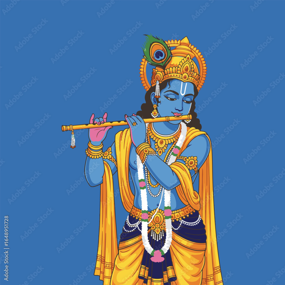 Fototapeta premium Lord Krishna, Hindu deity, plays a bansuri flute, adorned in vibrant attire against a blue backdrop.