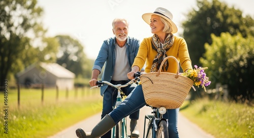 Mature couple enjoying vibrant springtime bike ride through sunny countryside, embracing active retirement lifestyle
