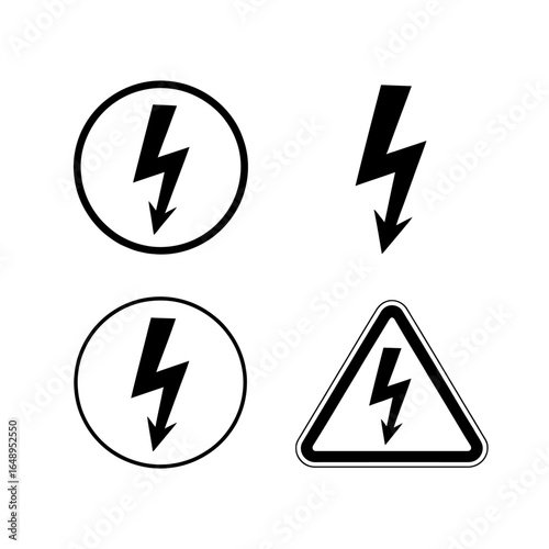 Black and white electrical hazard warning symbols in various shapes for safety communication