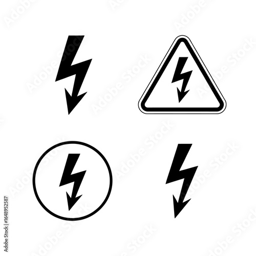 Black and white electrical hazard warning symbols in various shapes for safety communication