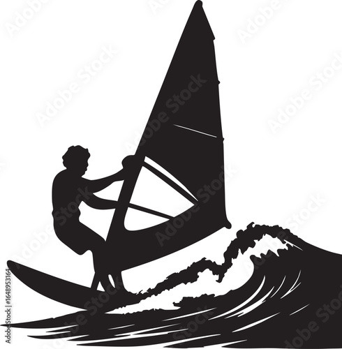 Vector Silhouette of Windsurfer Riding a Powerful Wave in Bold Black and White Design