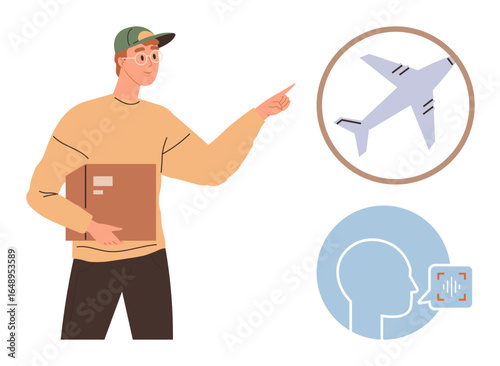 Young man holding a parcel, pointing towards a flying airplane and a facial recognition interface. Ideal for logistics, delivery service, global connection, identification, e-commerce, customer
