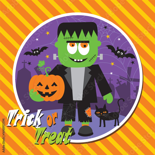 Frankenstein with Pumpkin Halloween Illustration