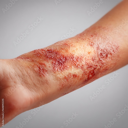 Close-Up Of Adult Forearm With Chemical Burn, Showing Redness, Blistering, And Damaged Skin Layers. Skin Texture Is Realistic With Visible Irritation, Swelling, And Subtle Discoloration. Neutral Bac