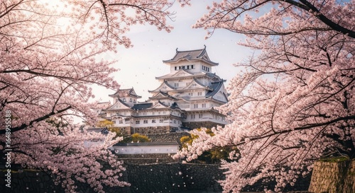 White castle framed by blossoming cherry trees. Sunlight filters through the branches
