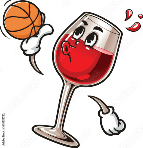 Cartoon mascot of a wine glass playing slam dunk basketball