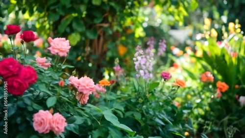 Wallpaper Mural Colorful Roses Blooming in Lush Green Garden with Soft Sunlight and Detailed Petals and Leaves During Spring Season Torontodigital.ca