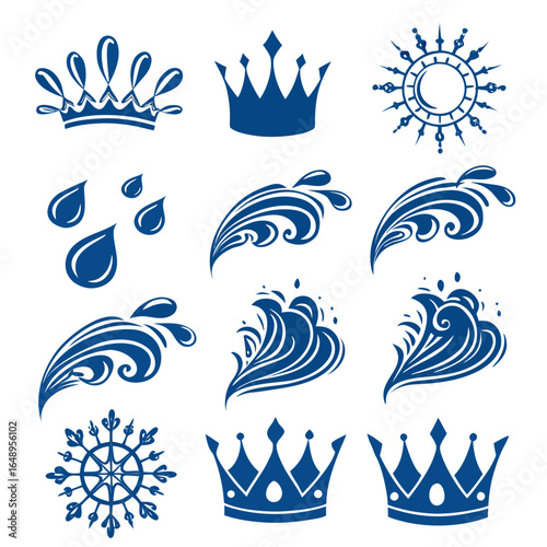 Blue royal crowns water drops snowflake sunburst vector