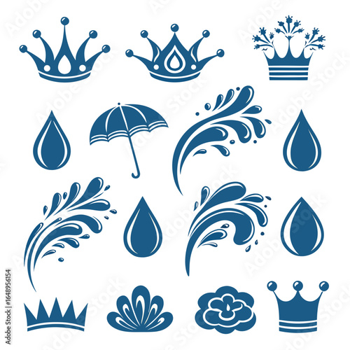 Blue crowns water drops umbrella and splashes vector