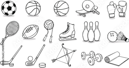 Collection of sketched sports equipment including balls rackets and other athletic gear in black and white