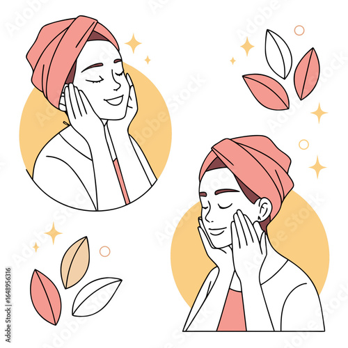 Woman pampering face with towel and leaves skincare