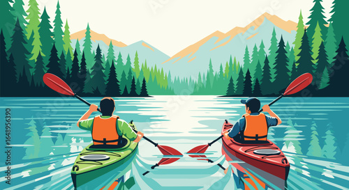 Two people kayaking on a calm lake surrounded by green trees and distant mountains in a serene landscape