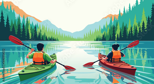 Two people kayaking on a calm lake surrounded by green trees and distant mountains in a serene landscape
