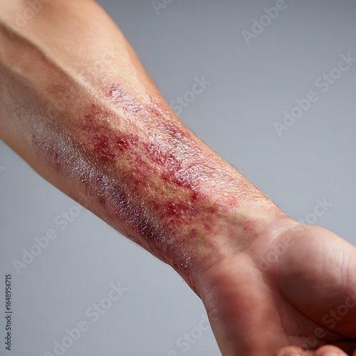 Close-Up Of Adult Forearm With Chemical Burn, Showing Redness, Blistering, And Damaged Skin Layers. Skin Texture Is Realistic With Visible Irritation, Swelling, And Subtle Discoloration. Neutral Bac