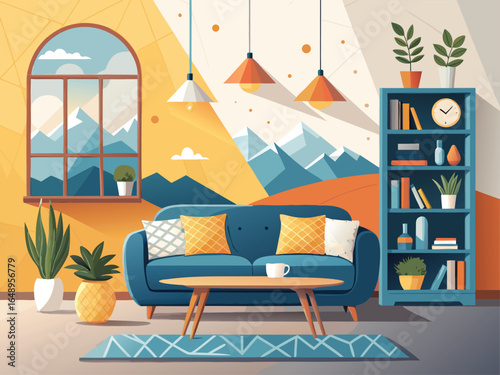 A colorful living room with a blue sofa, wooden table, bookshelf, and a window with mountain views