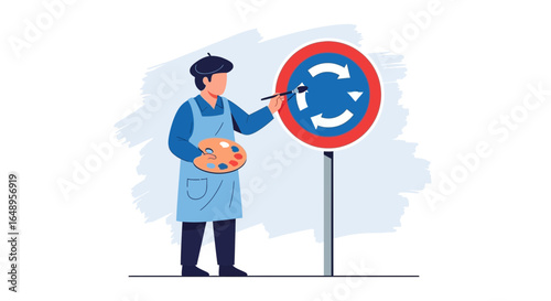 Creative Expression Painting A Roundabout Sign With Artistic Flair And Imagination