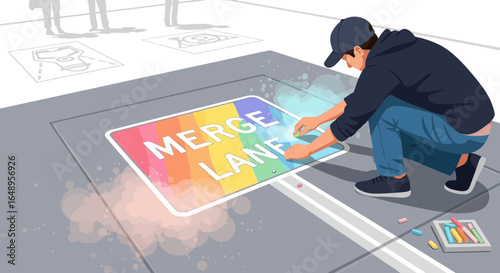 Creative Expression Through Street Art: Artist Designing a Vibrant Merge Lane Sign