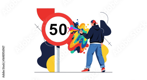 Creative Expression With Street Art On Speed Limit Sign Colorful Design