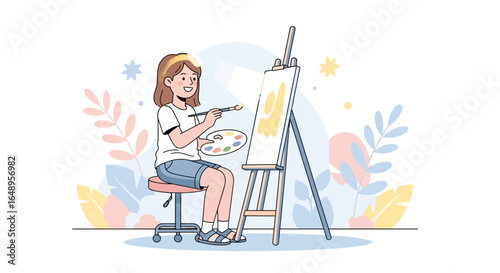 Creative Girl Paints On Canvas Creating Art In A Studio Room