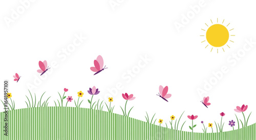 Delightful Summer Scene With Butterflies Flowers And Sunshine In Flat Design