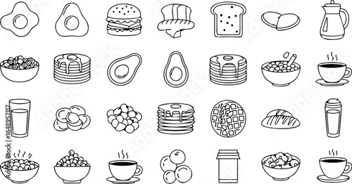 A collection of black and white line drawings of various food items arranged in a grid pattern