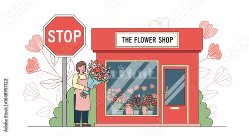 Delivering Freshness Floral Designer Outside Her Shop Holding a Flower Bouquet