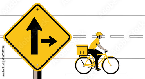 Delivery Bike At Crossroads: Road Sign Shows Straight Or Right Directions