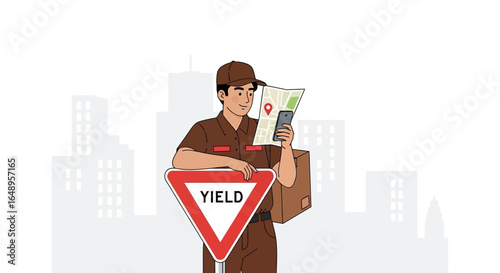 Delivery Driver Checks Map Near Yield Sign In Urban Scene