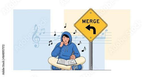 Creative Musician Blending Influences Composer Merging Ideas With a Yellow Road Sign