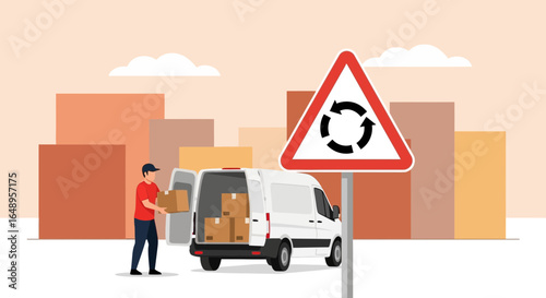 Delivery Driver Navigating City Roundabout With Van Full Of Packages And Parcels