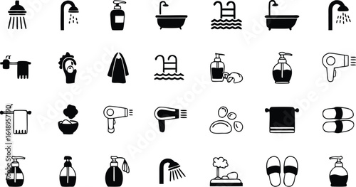 A collection of bathroom and spa icons displayed in a grid pattern with various amenities shown clearly