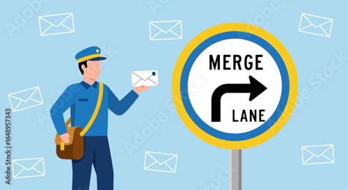 Delivery Precision And Directional Service Mailman Delivering With Merge Sign
