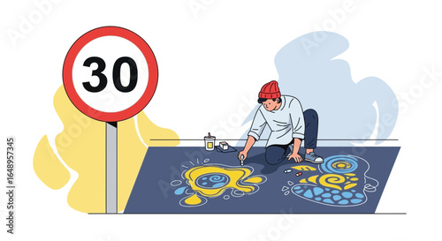 Creative Street Artist Chalking Pictures In a City Near Speed Limit Sign