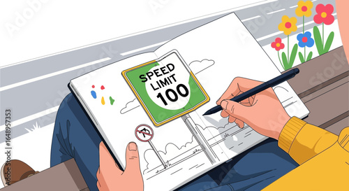 Creative Sketchbook Drawing Of Speed Limit Sign On A Sunny Day Outside