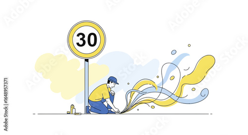 Creative Street Artist Making Colorful Graffiti Under the Speed Limit Sign