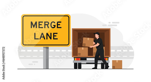 Delivery Service Along Merge Lane With Driver Loading Packages Into Truck