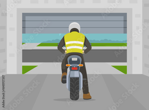 Safe motorcycle riding. Back view of a moto rider leaving the garage. Motorcyclist is waiting while gate is opening. Indoor parking inside view. Flat vector illustration template.
