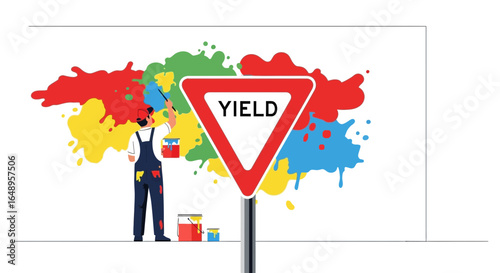 Creative Yield Sign with Colorful Splashes and Painter Concept Illustration