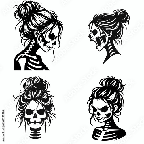 Female with messy bun Skeleton Angry. Retro Vintage Cartoon Clipart Silhouette Vector Line Art Illustration. Woman sporting disheveled hair knot bone figure showing fury upset visage.