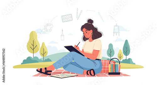 Creative Young Woman Enjoying Painting Outdoors in Nature During a Picnic