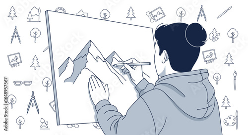 Creative Young Woman Drawing Mountain Scenery on a Canvas In Her Art Studio