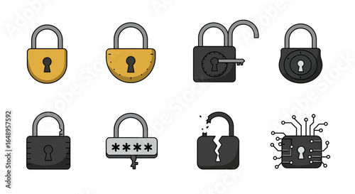 Security Concepts Lock Icons for Website and App Design with Varied Security Levels