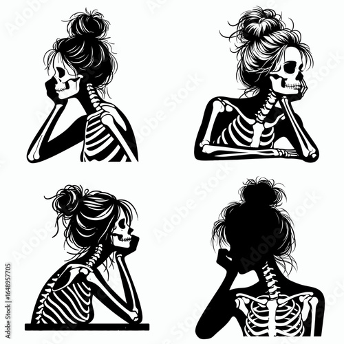 Female with messy bun Skeleton Bored. Retro Vintage Cartoon Clipart Silhouette Vector Line Art Illustration. Woman sporting casual hair knot lifeless remains feeling disinterest vacant.
