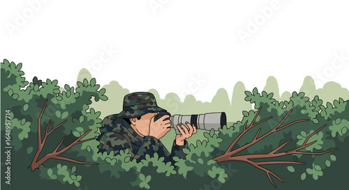 Crouching Photographer With Camouflage Clothing And Telephoto Lens