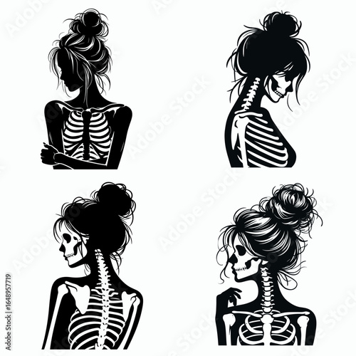 Female with messy bun Skeleton Cautious. Retro Vintage Cartoon Clipart Silhouette Vector Line Art Illustration. Woman figure untidy hair knot bone structure and guarded nature.