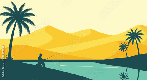 Desert Oasis Angler Tranquil Silhouette Scene with Palm Trees Illustration
