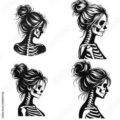 Female with messy bun Skeleton Confident. Retro Vintage Cartoon Clipart Silhouette Vector Line Art Illustration. Woman in topknot bony figure assured persona portrayal.