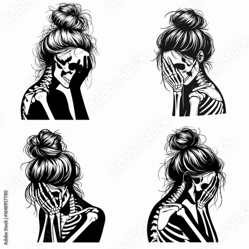 Female with messy bun Skeleton Covering Face in Shame. Retro Vintage Cartoon Clipart Silhouette Vector Line Art Illustration. Woman sporting untidy chignon bone figure hiding visage.